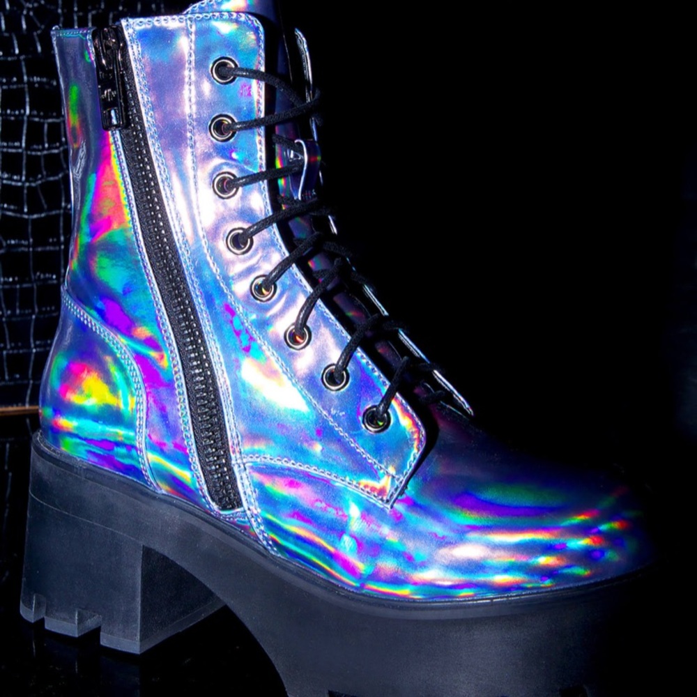 Dolls kill rainbow reflective holographic boots